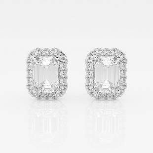 3 1/2 ctw Emerald Diamond Halo Stud Earrings 14K White Gold: Lab Grown 3 1/2 ctw Emerald Diamond Halo Stud Earrings 14K White Gold Style: Stud Earrings Total Carat Weight: 3 1/2 ctw Centerstone Carat Wt: 1.50 Centerstone Count: 2 Diamond Color: