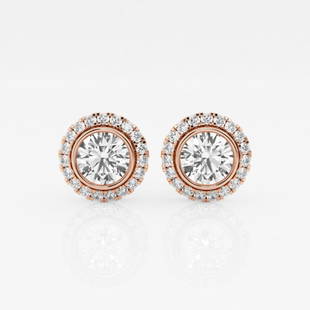 1 3/4 ctw Round Diamond Bezel Set Halo Stud Earrings 14K Rose Gold: Lab Grown 1 3/4 ctw Round Diamond Bezel Set Halo Stud Earrings 14K Rose Gold Style: Stud Earrings Total Carat Weight: 1 3/4 ctw Centerstone Carat Wt: 0.75 Centerstone Count: 2 Diamond