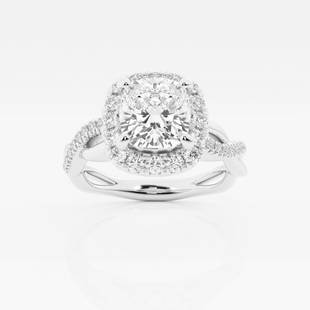 2 1/10 ctw Cushion Diamond Twist Halo Engagement Ring 14K White Gold: Lab Grown 2 1/10 ctw Cushion Diamond Twist Halo Engagement Ring 14K White Gold Style: Halo Engagement Ring Total Carat Weight: 2 1/10 ctw Centerstone Carat Wt: 2.0 Centerstone Count: 1 