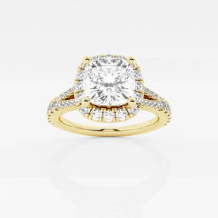 2 5/8 ctw Cushion Diamond Split Shank Halo Engagement Ring 14K Yellow Gold: Lab Grown 2 5/8 ctw Cushion Diamond Split Shank Halo Engagement Ring 14K Yellow Gold Style: Halo Engagement Ring Total Carat Weight: 2 5/8 ctw Centerstone Carat Wt: 2.0 Centerstone Count: