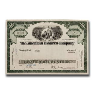 The American Tobacco Company Stock Certificate (Green): The American Tobacco Company Stock Certificate (Green) Product ID: RBG43128 Year: N/A Grade: None Grade Service: None Denomination: N/A Mint Mark: N/A - Not Available Metal