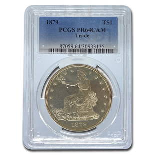 1879 Trade Dollar PR-64 Cameo PCGS: 1879 Trade Dollar PR-64 Cameo PCGS Product ID: RBG249219 Year: 1879 Grade Service: PCGS Denomination: $1.00 Metal Content: 0.7876 troy oz Purity: .900 Diameter: 38.1 mm