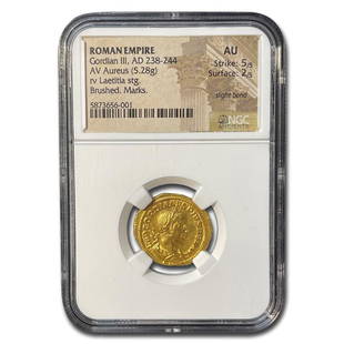 Rome AV Aureus Gordian III (238-244 AD) AU NGC (RIC IV 101): Rome AV Aureus Gordian III (238-244 AD) AU NGC (RIC IV 101) Product ID: RBG249390 Year: 238-244 Grade Service: NGC Denomination: Aureus Metal Content: 0.12 troy oz Purity: N/A 