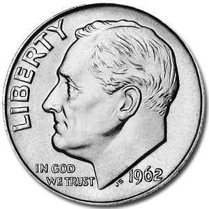 1962-D Roosevelt Dime BU: 1962-D Roosevelt Dime BU Product ID: RBG12184 Year: 1962 Grade: Brilliant Unc Grade Service: None Denomination: 10 Cents Mint Mark: D - Denver Metal Content: 0.0715 troy oz 