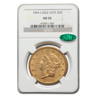 1854 $20 Liberty Gold Double Eagle AU-55 NGC CAC (Large Date): 1854 $20 Liberty Gold Double Eagle AU-55 NGC CAC (Large Date) Product ID: RBG248423 Year: 1854 Grade Service: NGC Denomination: $20 Metal Content: 0.9675 troy oz Purity: .900 