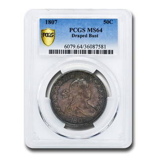 1807 Bust Half Dollar MS-64 PCGS: 1807 Bust Half Dollar MS-64 PCGS Product ID: RBG182642 Year: 1807 Grade Service: PCGS Denomination: $0.50 Metal Content: 0.3868 troy oz Purity: .8924 Thickness: 2.15 mm 