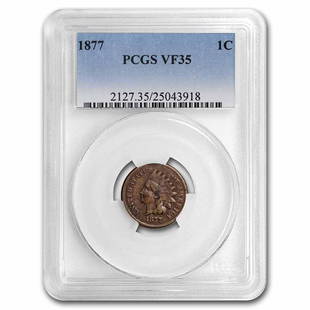 1877 Indian Head Cent VF-35 PCGS: 1877 Indian Head Cent VF-35 PCGS Product ID: RBG89663 Year: 1877 Grade Service: PCGS Denomination: $0.01 Metal Content: 0 troy oz Purity: N/A Thickness: 1.50 mm Diameter: 19 mm