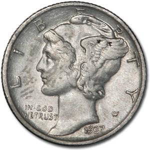 1937-D Mercury Dime XF: 1937-D Mercury Dime XF Product ID: RBG12325 Year: 1937 Grade: Extra Fine Grade Service: None Denomination: $0.10 Mint Mark: D - Denver Metal Content: 0.0715 troy oz Purity: