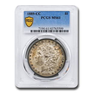 1889-CC Morgan Dollar MS-61 PCGS: 1889-CC Morgan Dollar MS-61 PCGS Product ID: RBG170952 Year: 1889 Grade Service: PCGS Denomination: $1.00 Metal Content: 0.7734 troy oz Purity: .900 Thickness: 3.1 mm 