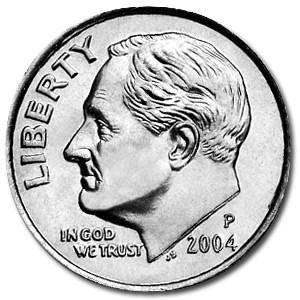 2004-P Roosevelt Dime BU: 2004-P Roosevelt Dime BU Product ID: RBG6264 Year: 2004 Grade: Brilliant Unc Grade Service: None Denomination: 10 Cents Mint Mark: P - Philadelphia Metal Content: 0 troy oz 