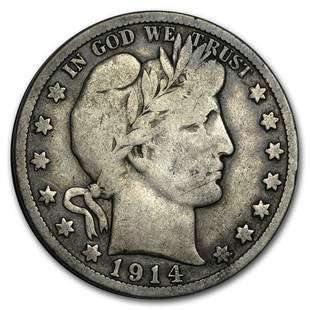 1914-S Barber Half Dollar Fine: 1914-S Barber Half Dollar Fine Product ID: RBG10765 Year: 1914 Grade: Fine Grade Service: None Denomination: $0.50 Mint Mark: S - San Francisco Metal Content: 0.3575 troy oz 