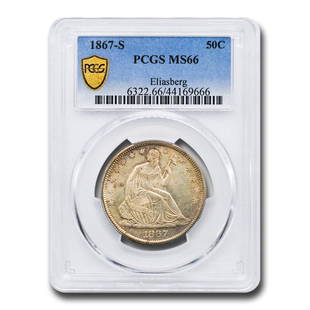 1867-S Liberty Seated Half Dollar MS-66 PCGS: 1867-S Liberty Seated Half Dollar MS-66 PCGS Product ID: RBG242353 Year: 1867 Grade Service: PCGS Denomination: $0.50 Metal Content: 0.3617 troy oz Purity: .900 Diameter: 30 mm