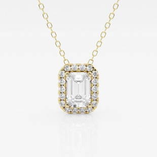 1 1/5 ctw Emerald Diamond Halo Pendant with Adjustable Chain 14K Yellow Gold: Lab Grown 1 1/5 ctw Emerald Diamond Halo Pendant with Adjustable Chain 14K Yellow Gold Style: Halo Pendant Total Carat Weight: 1 1/5 ctw Centerstone Carat Wt: 1.0 Centerstone Count: 1 