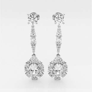 13 1/2 ctw Oval Diamond Dangle Earrings 18K White Gold: Lab Grown 13 1/2 ctw Oval Diamond Dangle Earrings 18K White Gold Style: Dangle Earrings Total Carat Weight: 13 1/2 ctw Centerstone Carat Wt: 2.50 Centerstone Count: 2 Diamond Color: G+