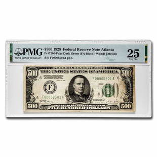 1928 (F-Atlanta) $500 FRN VF-25 PMG (Fr#2200-F): 1928 (F-Atlanta) $500 FRN VF-25 PMG (Fr#2200-F) Product ID: 231555 Year: 1928 Grade: Very Fine - 25 Grade Service: PMG Denomination: $500 Mint Mark: F - Atlanta Metal Content: 0 troy oz 