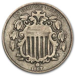 1867 Shield Nickel w/o Rays VF: 1867 Shield Nickel w/o Rays VF Product ID: 16354 Year: 1867 Grade: Very Fine Grade Service: None Denomination: 5 Cents Mint Mark: P - Philadelphia (Not Shown) Metal Content: 0 troy oz Purity: