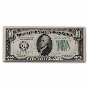 1934-B (G-Chicago) $10 FRN AU (Fr#2007-G): 1934-B (G-Chicago) $10 FRN AU (Fr#2007-G) Product ID: 249190 Year: 1934 Grade: Almost Unc Grade Service: None Denomination: 10 Dollars Mint Mark: G - Chicago Metal Content: 0 troy oz Purity: