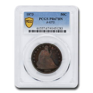 1873 Liberty Seated Half Dollar Pattern PR-67 PCGS (BN, J-1272): 1873 Liberty Seated Half Dollar Pattern PR-67 PCGS (BN, J-1272) Product ID: 225847 Year: 1873 Grade Service: PCGS Denomination: $0.50 Metal Content: 0 troy oz Purity: None Diameter: 0 mm