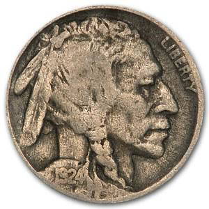 1924 Buffalo Nickel Fine: 1924 Buffalo Nickel Fine Product ID: 1955 Year: 1924 Grade: Fine Grade Service: None Denomination: $0.05 Mint Mark: P - Philadelphia (Not Shown) Metal Content: 0 troy oz Purity: N/A 