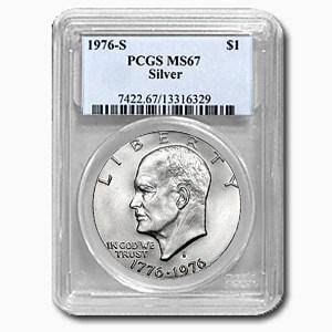 1976-S Silver Eisenhower Dollar MS-67 PCGS: 1976-S Silver Eisenhower Dollar MS-67 PCGS Product ID: 1336 Year: 1976 Grade: MS-67 Grade Service: PCGS Denomination: $1.00 Mint Mark: S - San Francisco Metal Content: 0.3161 troy oz Purity: