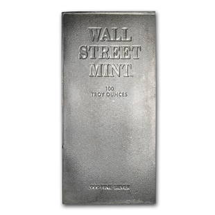 100 oz Silver Bar - Wall Street Mint: 100 oz Silver Bar - Wall Street Mint Product ID: 35652 Year: N/A Grade: None Grade Service: None Denomination: 100 oz Mint Mark: N/A - Not Available Metal Content: 100 troy oz Purity: .999 