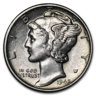 1945-S Mercury Dime AU: 1945-S Mercury Dime AU Product ID: 170742 Year: 1945 Grade: Almost Unc Grade Service: None Denomination: $0.10 Mint Mark: S - San Francisco Metal Content: 0.0715 troy oz Purity: .900 