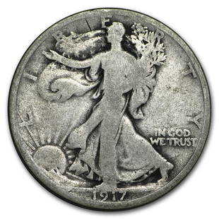 1917 Walking Liberty Half Dollar Good: 1917 Walking Liberty Half Dollar Good Product ID: 10019 Year: 1917 Grade: Good Grade Service: None Denomination: $0.50 Mint Mark: P - Philadelphia (Not Shown) Metal Content: 0.3575 troy oz 