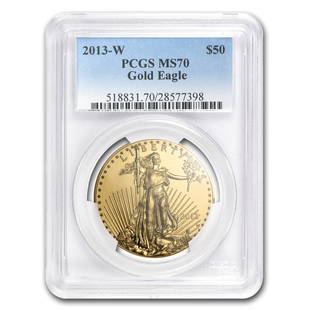 2013-W 1 oz Burnished Gold Eagle MS/SP-70 PCGS: 2013-W 1 oz Burnished Gold Eagle MS/SP-70 PCGS Product ID: 80608 Year: 2013 Grade Service: PCGS Denomination: $50 Metal Content: 1 troy oz Purity: .9167 Thickness: 2.87 mm Diameter: 32.7 mm