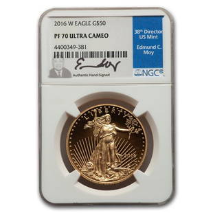 2016-W 1 oz Proof American Gold Eagle PF-70 NGC (Moy): 2016-W 1 oz Proof American Gold Eagle PF-70 NGC (Moy) Product ID: 234374 Year: 2016 Grade Service: NGC Denomination: 50 Dollars Metal Content: 1 troy oz Purity: .9167 Thickness: 2.87 mm 