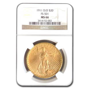 1911-D/D $20 Saint-Gaudens Gold Double Eagle MS-66 NGC (FS-501): 1911-D/D $20 Saint-Gaudens Gold Double Eagle MS-66 NGC (FS-501) Product ID: 178711 Year: 1911 Grade Service: NGC Denomination: $20.00 Metal Content: 0.9675 troy oz Purity: .900 Thickness: 2.41