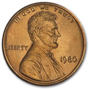 1980 Lincoln Cent BU (Red): 1980 Lincoln Cent BU (Red) Product ID: 6779 Year: 1980 Grade: Brilliant Unc Grade Service: None Denomination: $0.01 Mint Mark: P - Philadelphia (Not Shown) Metal Content: 0 troy oz Purity: