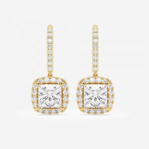 Certified 4 3/4 ctw Princess Diamond Halo Drop Earrings 14K Yellow Gold