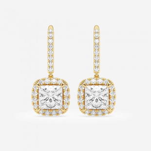 Certified 4 3/4 ctw Princess Diamond Halo Drop Earrings 14K Yellow Gold: Certified Lab Grown 4 3/4 ctw Princess Diamond Halo Drop Earrings 14K Yellow Gold Style: Drop Earrings Total Carat Weight: 4 3/4 ctw Centerstone Carat Wt: 2.00 Centerstone Count: 2 