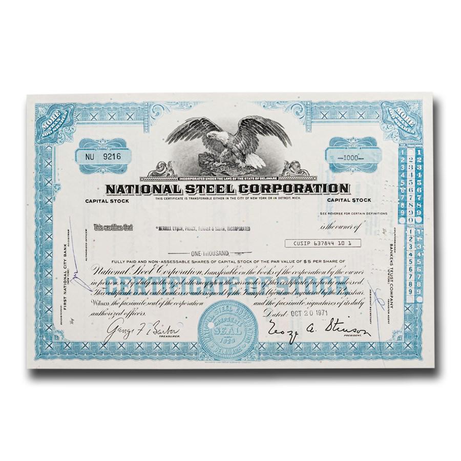 National Steel Corporation Stock Certificate: National Steel Corporation Stock Certificate Product ID: 48459 Year: N/A Grade: None Grade Service: None Denomination: N/A Mint Mark: N/A - Not Available Metal Content: 0 troy oz Purity: N/A