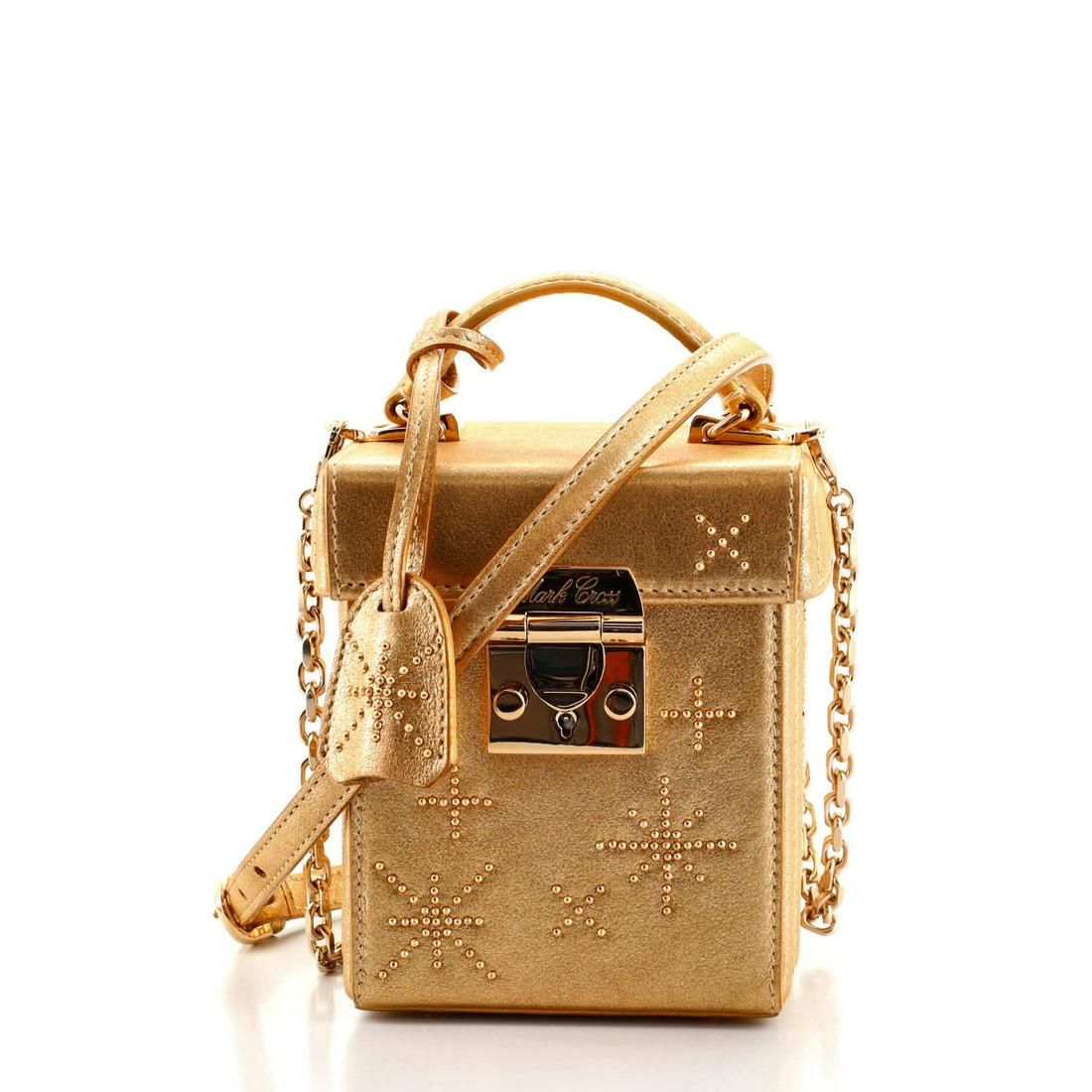 Mark Cross Grace Cube Box Bag Crystal Embellished Metallic Leather: Mark Cross Grace Cube Box Bag Crystal Embellished Metallic Leather Exterior Color: Gold, Metallic Interior Color: Red Exterior Material: Crystal, Leather Interior Material: Leather Hardware Color: Gol