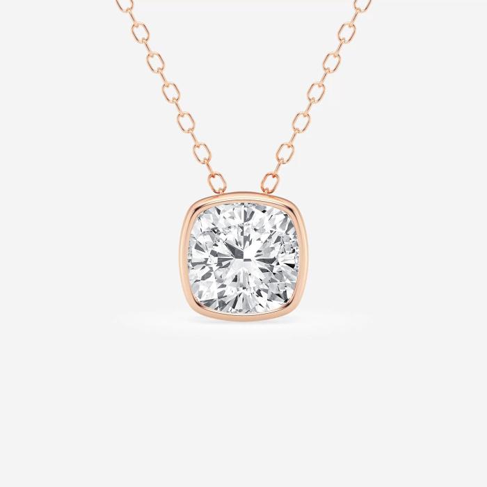 Certified 1 1/2 ctw Cushion Diamond Bezel Set Solitaire Pendant with Adjustable Chain 14K Rose Gold (1 of 4)