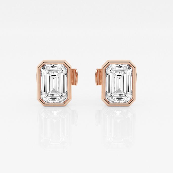 Certified 2 ctw Emerald Diamond Bezel Set Solitaire Stud Earrings 14K Rose Gold (1 of 3)