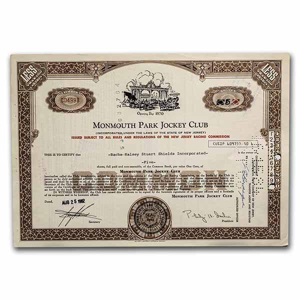Monmouth Park Jockey Club Stock Certificate (Brown): Monmouth Park Jockey Club Stock Certificate (Brown) SKU: RBJ238521 Year: 1950-1980s Grade: None Grade Service: None Mint Mark: N/A - Not Available Metal Content: 0 troy oz Purity: N/A