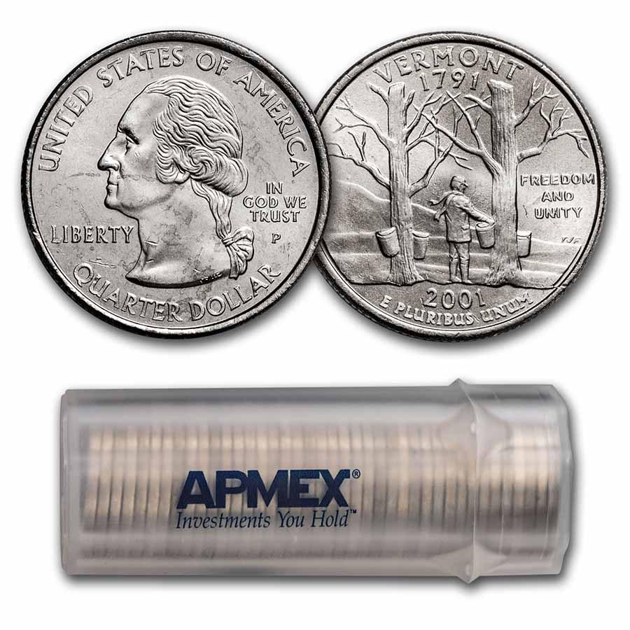2001-P Vermont Statehood Quarter 40-Coin Roll BU: 2001-P Vermont Statehood Quarter 40-Coin Roll BU SKU: RBJ8112 Year: 2001 Grade: Brilliant Unc Grade Service: None Denomination: 25 Cents Mint Mark: P - Philadelphia Metal Content: 0 troy