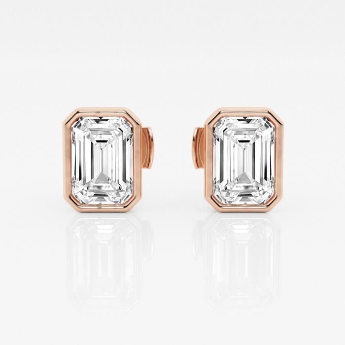 Certified 3 ctw Emerald Diamond Bezel Set Solitaire Stud Earrings 14K Rose Gold (1 of 3)