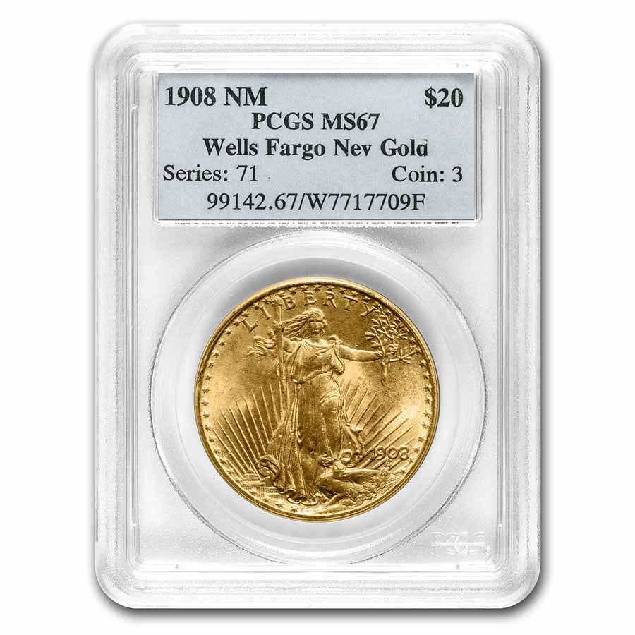 1908 $20 Saint-Gaudens Gold No Motto MS-67 PCGS (Wells Fargo): 1908 $20 Saint-Gaudens Gold No Motto MS-67 PCGS (Wells Fargo) SKU: 65423 Year: 1908 Grade Service: PCGS Denomination: $20.00 Metal Content: 0.9675 troy oz Purity: .900 Thickness: 2.41 mm