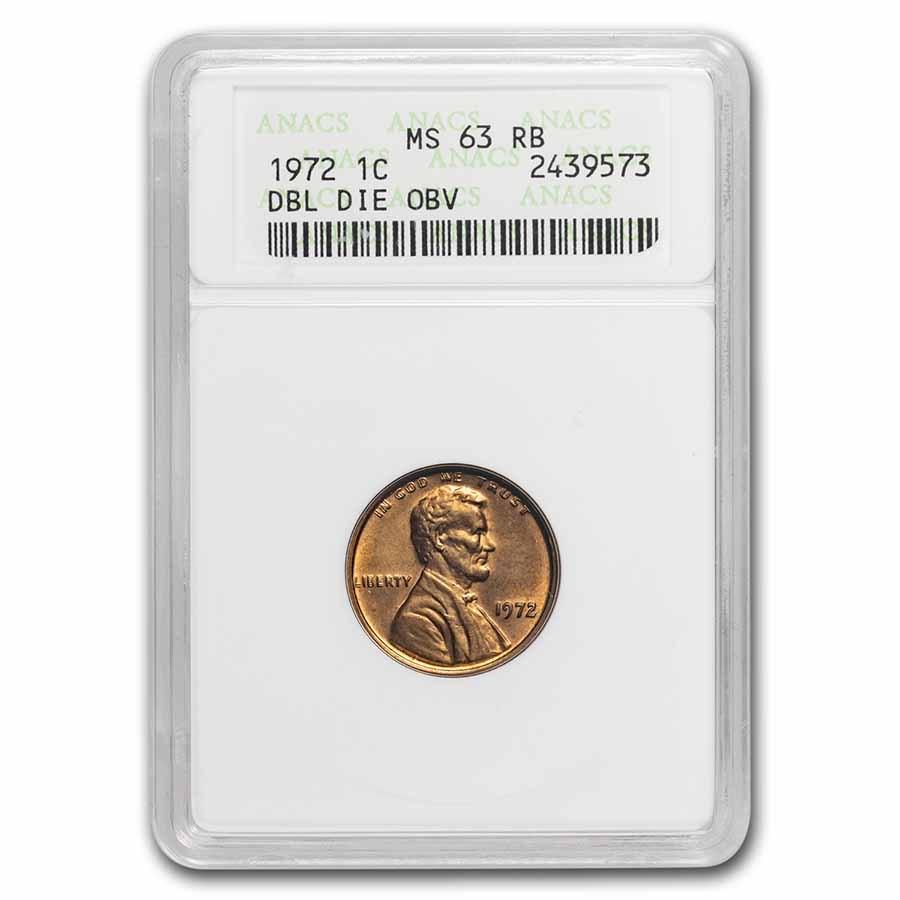 1972 Lincoln Cent Double Die Obverse MS-63 ANACS (Red/Brown): 1972 Lincoln Cent Double Die Obverse MS-63 ANACS (Red/Brown) SKU: RBJ252740 Year: 1972 Grade: MS-63 Grade Service: ANACS Denomination: 1 Cent Mint Mark: P - Philadelphia (Not Shown) Metal