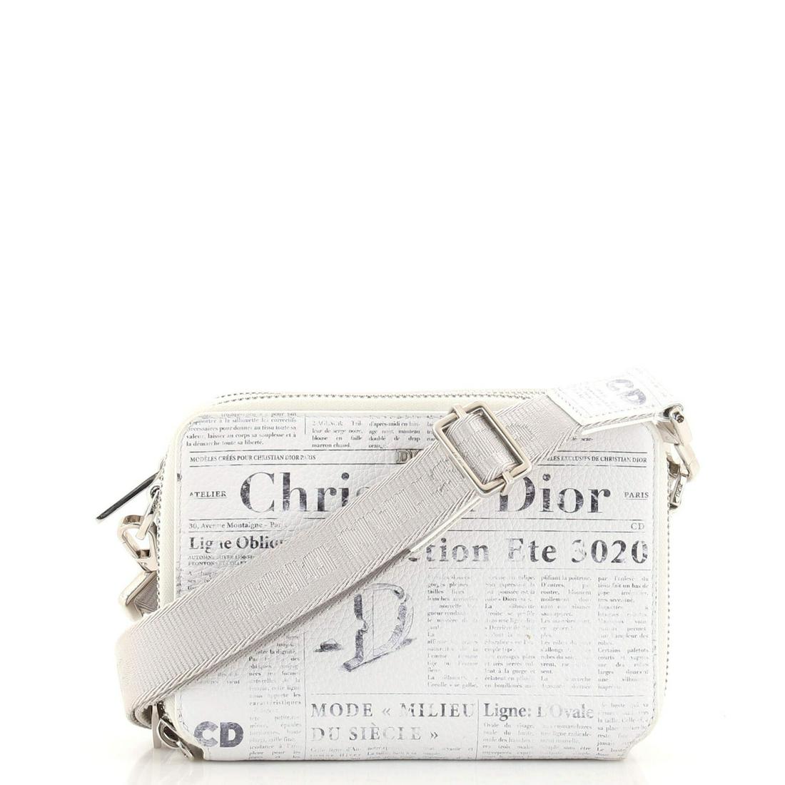 Christian Dior Daniel Arsham Double Zip Crossbody Pouch Newspaper Print Leather: Christian Dior Daniel Arsham Double Zip Crossbody Pouch Newspaper Print Leather Exterior Color: Print, White Interior Color: Black Exterior Material: Leather Interior Material: Fabric Hardware Color: