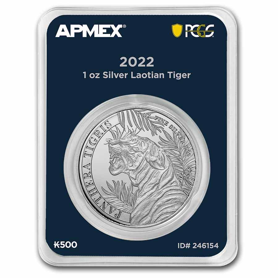 2022 Laos 1 oz Silver 500 KIP Tiger (MD Premier + PCGS FS): 2022 Laos 1 oz Silver 500 KIP Tiger (MD Premier + PCGS FS) Product ID: 246154 Year: 2022 Grade: Brilliant Unc Grade Service: MintDirect Denomination: 500 Kip Mint Mark: Not Shown Metal Co