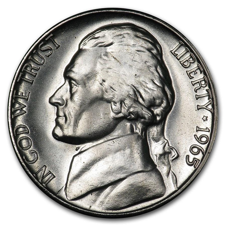 1965 Jefferson Nickel SMS: 1965 Jefferson Nickel SMS Product ID: 6685 Year: 1965 Grade: Brilliant Unc Grade Service: None Denomination: 5 Cents Mint Mark: P - Philadelphia (Not Shown) Metal Content: 0 troy oz <
