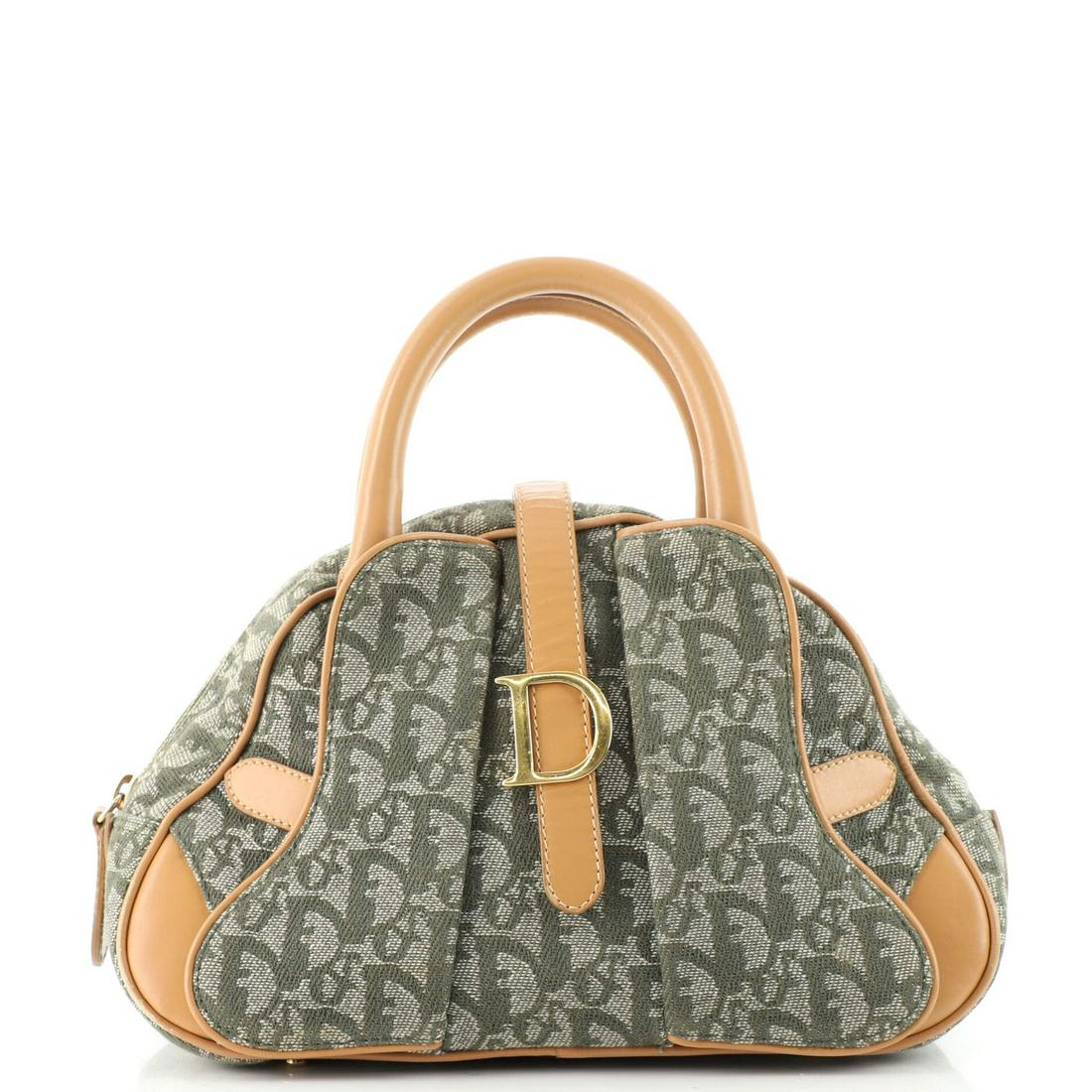 Christian Dior Vintage Saddle Bowler Bag Diorissimo Canvas Small: Christian Dior Vintage Saddle Bowler Bag Diorissimo Canvas Small Exterior Color: Green Interior Color: Green Exterior Material: Canvas Plain, Leather Interior Material: Nylon Hardware Color: Gold