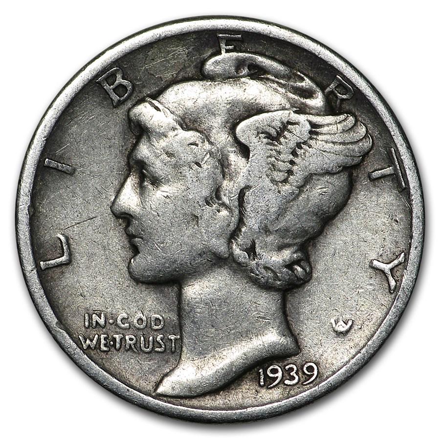 1939-D Mercury Dime Fine/VF: 1939-D Mercury Dime Fine/VF Product ID: 12296 Year: 1939 Grade: Fine/Very Fine Grade Service: None Denomination: $0.10 Mint Mark: D - Denver Metal Content: 0.0715 troy oz Purity: