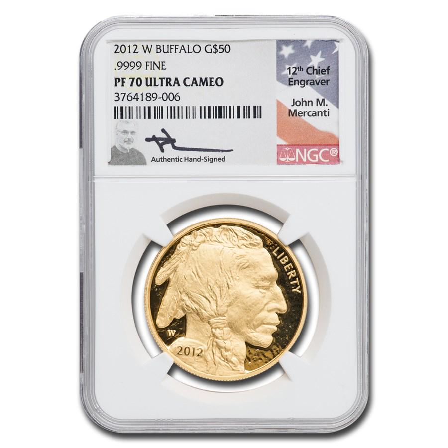 2012-W 1 oz Proof Gold Buffalo PF-70 NGC (Mercanti): 2012-W 1 oz Proof Gold Buffalo PF-70 NGC (Mercanti) Product ID: 269779 Year: 2012 Grade Service: NGC Denomination: $50 Metal Content: 1 troy oz Purity: .9999 Thickness: 2.95 mm D