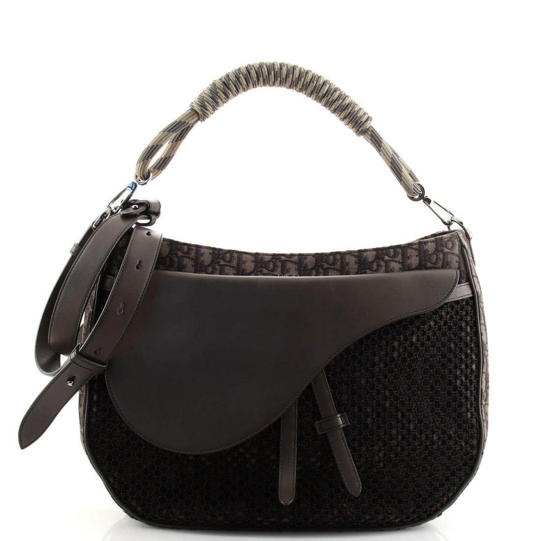 Christian Dior Rope Handle Saddle Soft Bag Oblique Canvas: Christian Dior Rope Handle Saddle Soft Bag Oblique Canvas Exterior Color: Green Interior Color: Black Exterior Material: Canvas Plain Interior Material: Fabric Hardware Color: Silver Accessories: