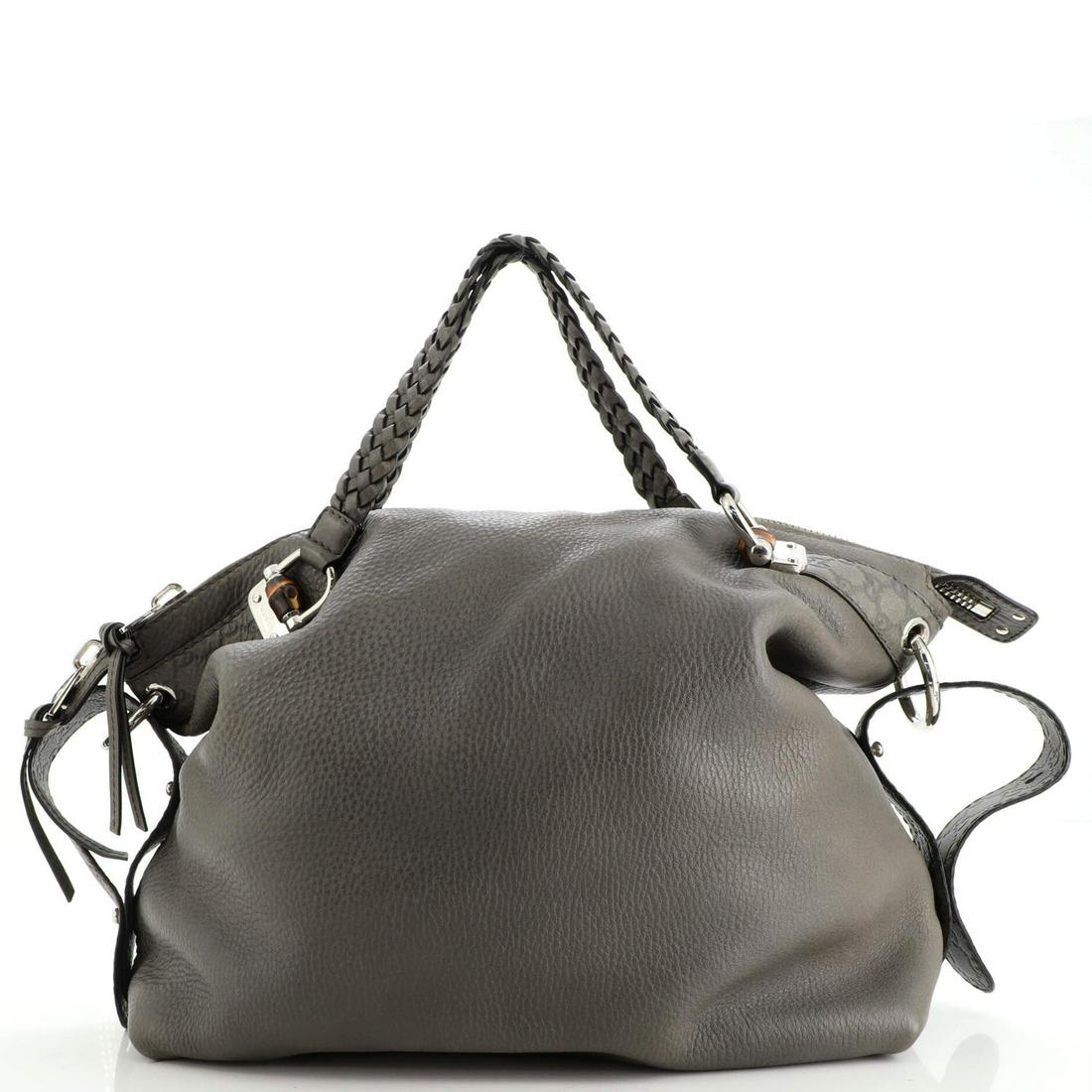 Gucci Bamboo Bar Shoulder Bag Leather Large: Gucci Bamboo Bar Shoulder Bag Leather Large Exterior Color: Gray Interior Color: Black Exterior Material: Leather Interior Material: Fabric Hardware Color: Silver Accessories: No Accessories <
